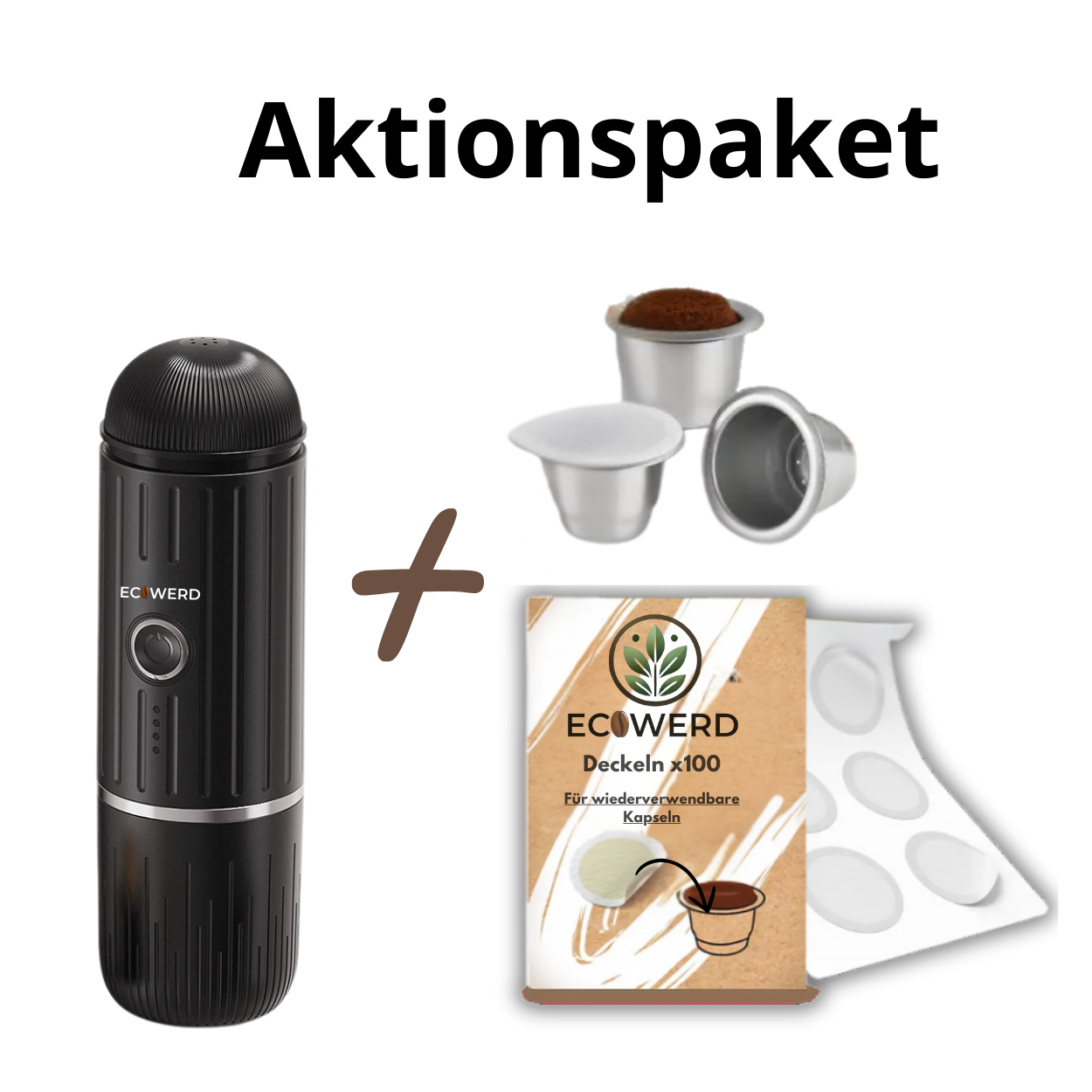 Pack : Tragbare Kaffeemaschine + Wiederverwendbare Kaffeekapsel +Deckeln
